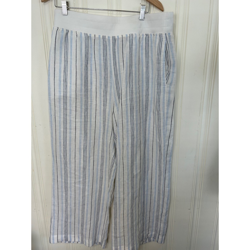 Soft Surroundings L Linen Striped Wide Leg Coastal Nautical Pants Blue White